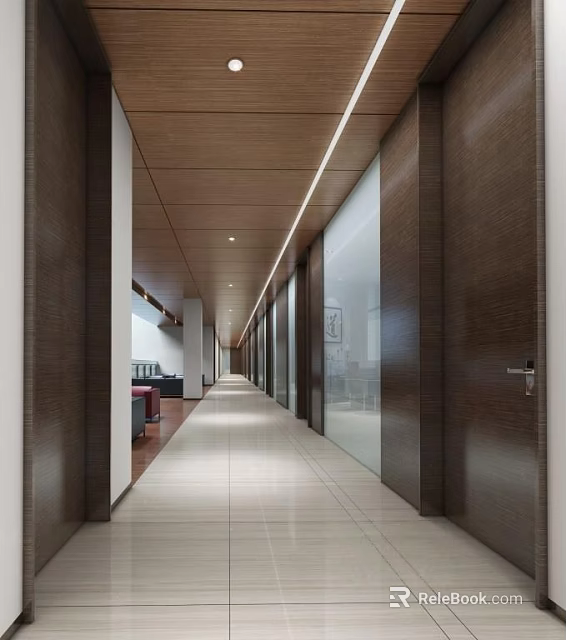 Modern Office Corridor With Wooden Ceiling Linear Light Strips Glass Partitions And Light Colored Flooring 3d model 
