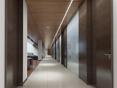 Modern Office Corridor With Wooden Ceiling Linear Light Strips Glass Partitions And Light Colored Flooring 3d model