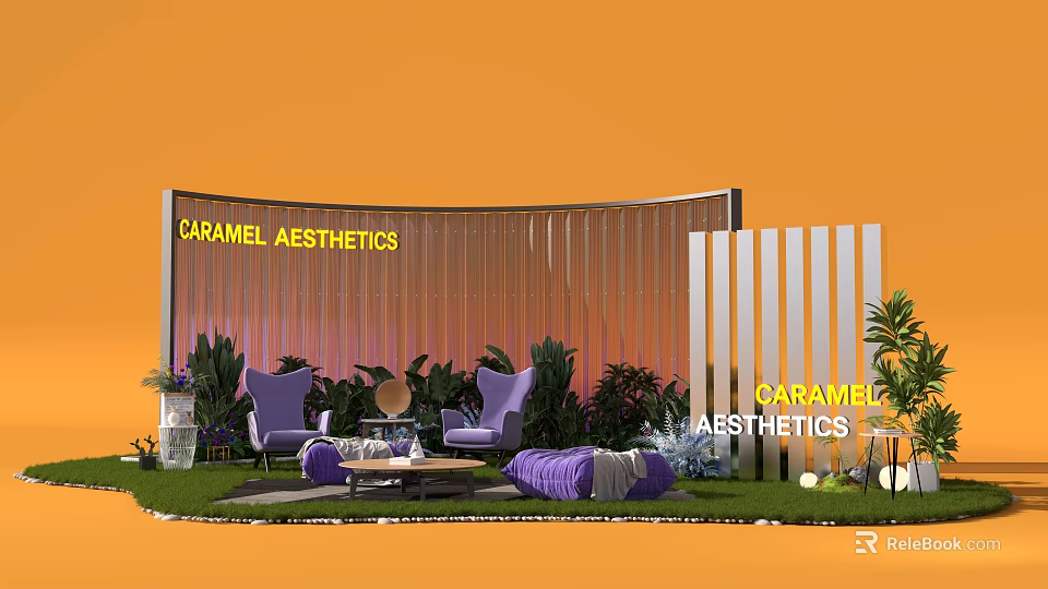Caramel Aesthetics Photo Check in Spot With Purple Chairs Plants And Curved Backdrop 3d model 