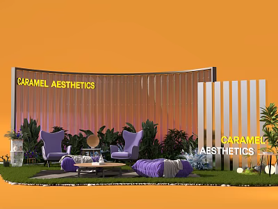 Caramel Aesthetics Photo Check in Spot With Purple Chairs Plants And Curved Backdrop 3d model