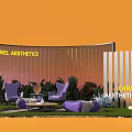 Caramel Aesthetics Photo Check in Spot With Purple Chairs Plants And Curved Backdrop
