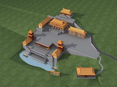Ancient Chinese Architecture Complex Featuring Yellow Tiled Roofs Water Pond And Green Grassland 3d model