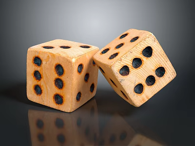 Detailed View Of Two Wooden Dice With Black Dots On Reflective Surface 3d model