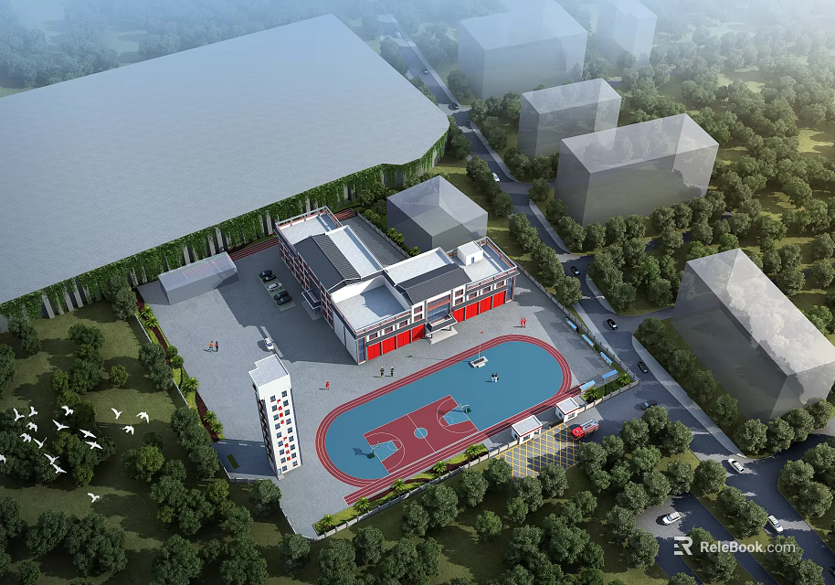 Main Entrance Gate of Community Center with Basketball Court Parking Area and Trees 3d model 