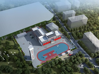 Main Entrance Gate of Community Center with Basketball Court Parking Area and Trees 3d model