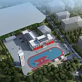 Main Entrance Gate of Community Center with Basketball Court Parking Area and Trees