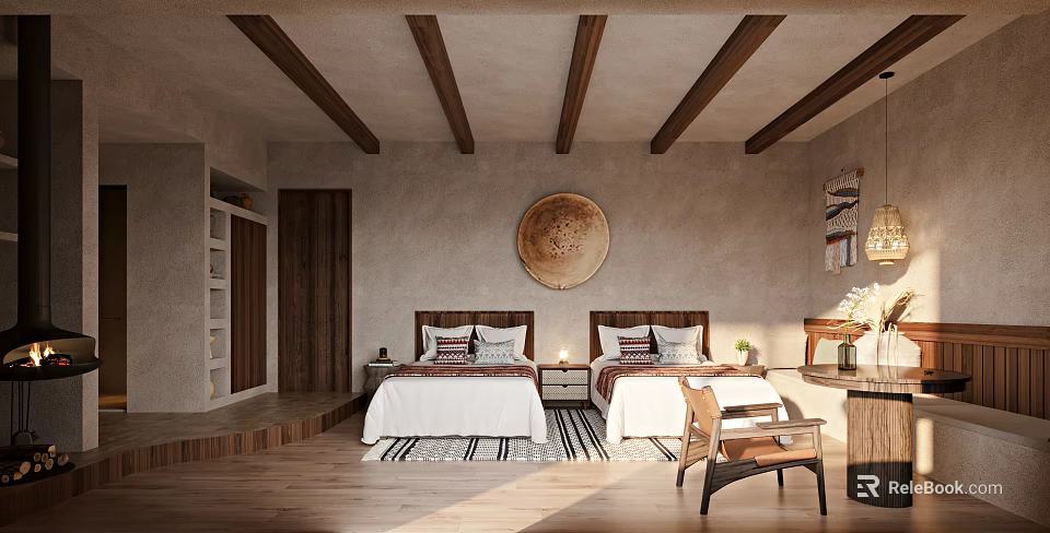 Hotel Guest Room Interior With Twin Beds Wooden Beam Ceiling Beige Walls And Circular Decor 3d model 