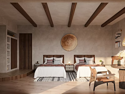 Hotel Guest Room Interior With Twin Beds Wooden Beam Ceiling Beige Walls And Circular Decor 3d model