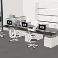 Modern Office Desk Setup With Computer Monitors Printer Ergonomic Chairs And Large Window View 3d model