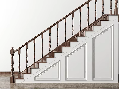 Wooden Staircase Interior With White Wall Panels And Polished Wooden Floor 3d model