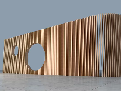Modern Interior Wooden Wall Structure With Vertical Slats And Circular Cutouts 3d model