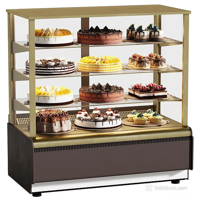 Various Decorated Cakes Displayed In Multi Shelf Glass Display Case 3d model 