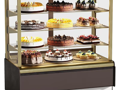 Various Decorated Cakes Displayed In Multi Shelf Glass Display Case 3d model