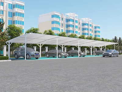 Multiple Carport Canopies for Parking Cars with High Rise Buildings and Green Trees 3d model