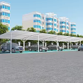 Multiple Carport Canopies for Parking Cars with High Rise Buildings and Green Trees