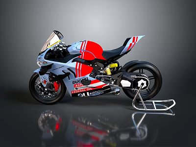 Gray Red White Sport Racing Motorcycle With Streamlined Design And Stand 3d model