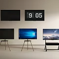 Multiple TVs on Stands Displaying Scenery Windows Interface and Black Screens