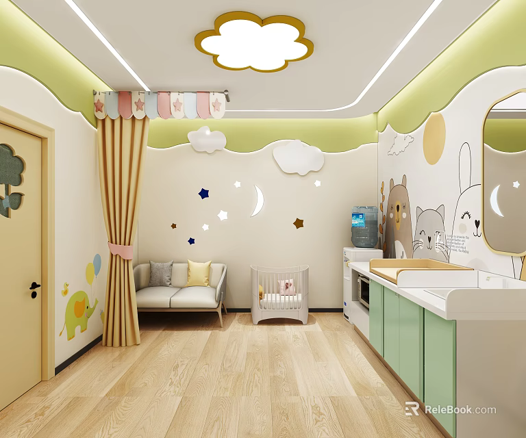 Colorful Kids Room Interior With Cloud Ceiling Lamp Decorative Wall And Furniture 3d model 