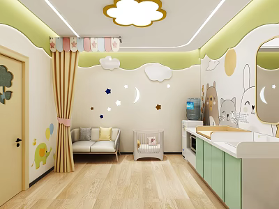 Colorful Kids Room Interior With Cloud Ceiling Lamp Decorative Wall And Furniture 3d model
