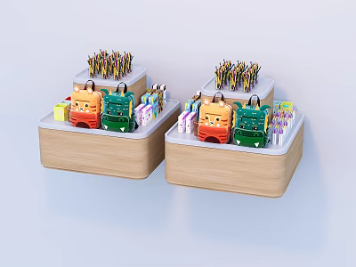 Wooden Display Shelves With Yellow Green Toy Cars And Colorful Stationery Items 3d model