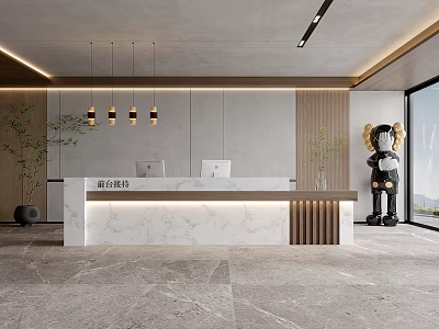 Modern Reception Desk Interior With Marble Countertop Wooden Accents Pendant Lights And Green Plants 3d model