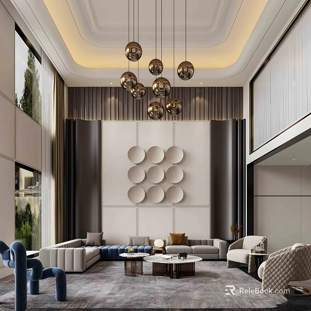 Modern Duplex Living Room Interior With High Ceiling Pendant Lights And Sofa Set Decor 3d model 