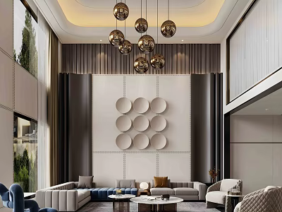 Modern Duplex Living Room Interior With High Ceiling Pendant Lights And Sofa Set Decor 3d model