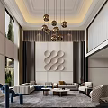 Modern Duplex Living Room Interior With High Ceiling Pendant Lights And Sofa Set Decor