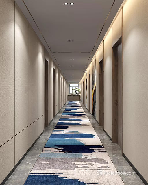 Long Hotel Corridor Featuring Blue And White Patterned Carpet With Side Doors And Neutral Walls 3d model 