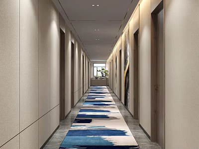 Long Hotel Corridor Featuring Blue And White Patterned Carpet With Side Doors And Neutral Walls 3d model
