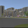 Modern School Building With Multi story Structures Front Lawn Trees And Kids Play Elements