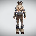 Fantasy Horned Mythical Creature With Brown Blue White Decorative Armor And Leather Clothing