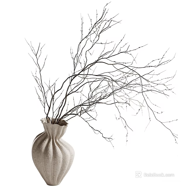 Minimalist Linen Fabric Vase With Slender Bare Branches For Home Decor 3d model 