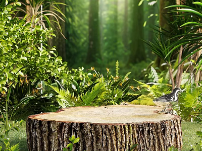 Natural Forest Scene Poster With Tree Stump Lush Green Plants And Small Bird 3d model