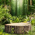 Natural Forest Scene Poster With Tree Stump Lush Green Plants And Small Bird