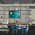 Elegant Modern Sales Office Design Featuring Display Shelves Marble Countertop And Blue Chairs