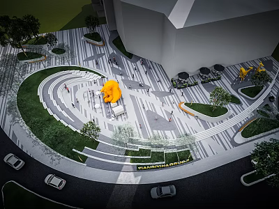 Modern Urban Plaza Design With Circular Layout Yellow Sculpture Lawn Areas And Pedestrians 3d model