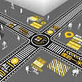 Municipal Road Intersection Featuring Pedestrian Crossings Yellow Safety Markings And Directional Arrows