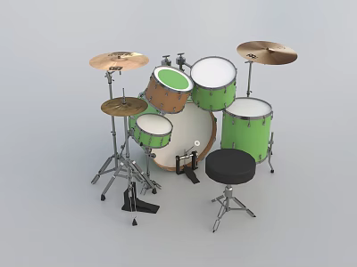 Musical Instrument Drum Set With Green Brown Drums White Heads Cymbals And Black Stool 3d model