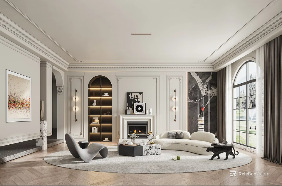Elegant Modern Living Room With White Sofa Archway Bookshelf And Fireplace 3d model 