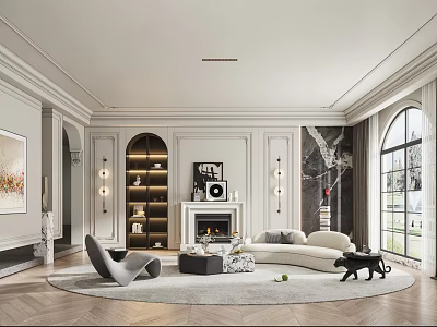 Elegant Modern Living Room With White Sofa Archway Bookshelf And Fireplace 3d model