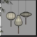 Chinese Hanging Lanterns Yellow Round Teardrop and Octagonal Shapes with Wooden Tassels and Bamboo Branches