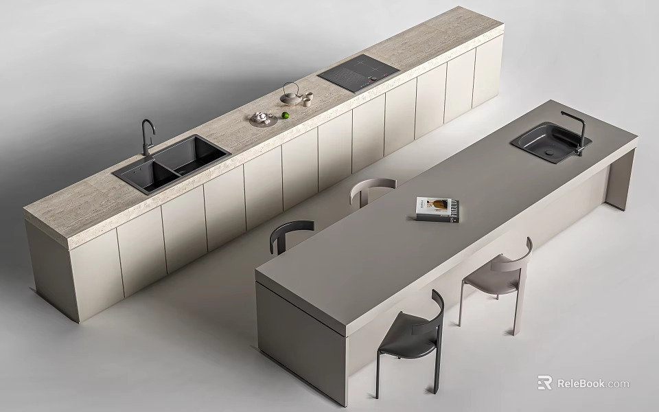 Modern Bar Counter Design With Sink Stove And Dining Table Seats 3d model