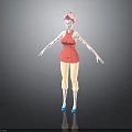 3D Character Model With Pink Hair Red Sleeveless Top Beige Pants And Blue Shoes