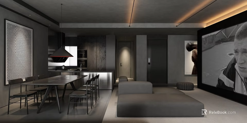 Modern Open Concept Living and Dining Room Interior With Gray Sofa Dining Table And Chairs 3d model 