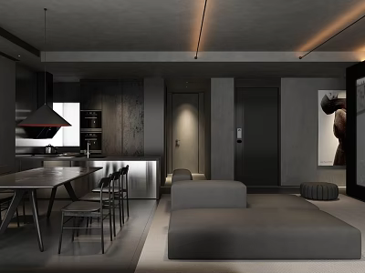 Modern Open Concept Living and Dining Room Interior With Gray Sofa Dining Table And Chairs 3d model