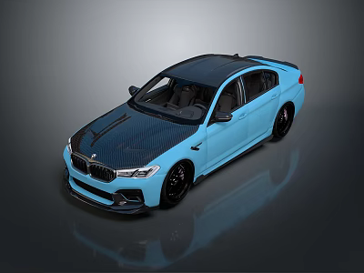 Blue BMW Sports Sedan With Modern Carbon Fiber Hood And Black Wheels 3d model
