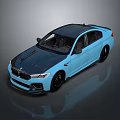 Blue BMW Sports Sedan With Modern Carbon Fiber Hood And Black Wheels
