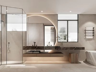 Modern Bathroom Interior With Glass Shower Round Mirror Marble Countertop And Bathtub 3d model
