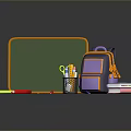Essential School Supplies On Desk With Green Chalkboard Purple Backpack Pencils Highlighters Books And Stationery